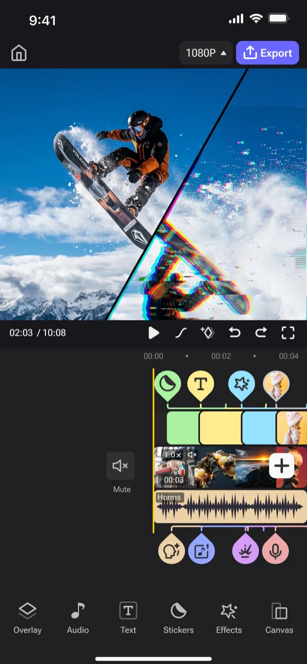 The MixReels video editor with VFX on the timeline